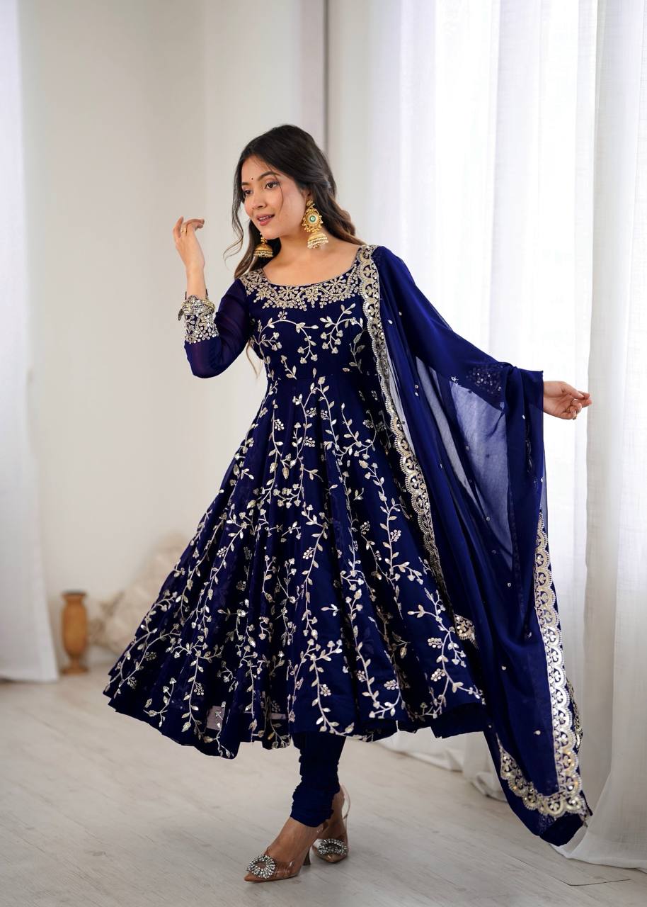 Heavy Faux Georgette Embroidered Anarkali Gown Set