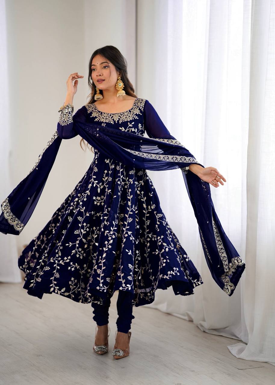 Heavy Faux Georgette Embroidered Anarkali Gown Set