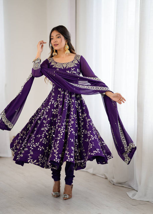 Heavy Faux Georgette Embroidered Anarkali Gown Set