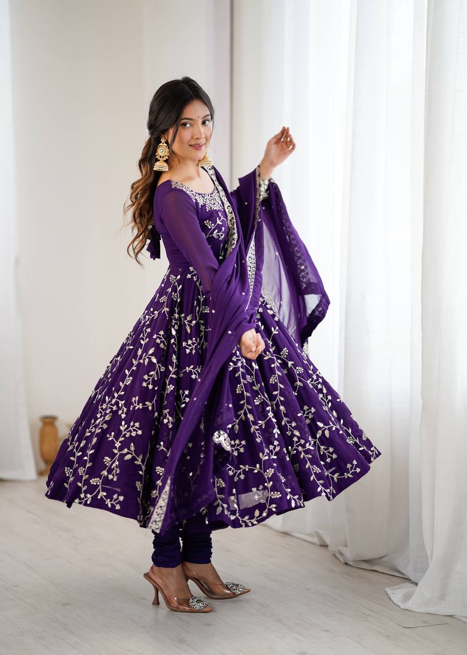 Heavy Faux Georgette Embroidered Anarkali Gown Set