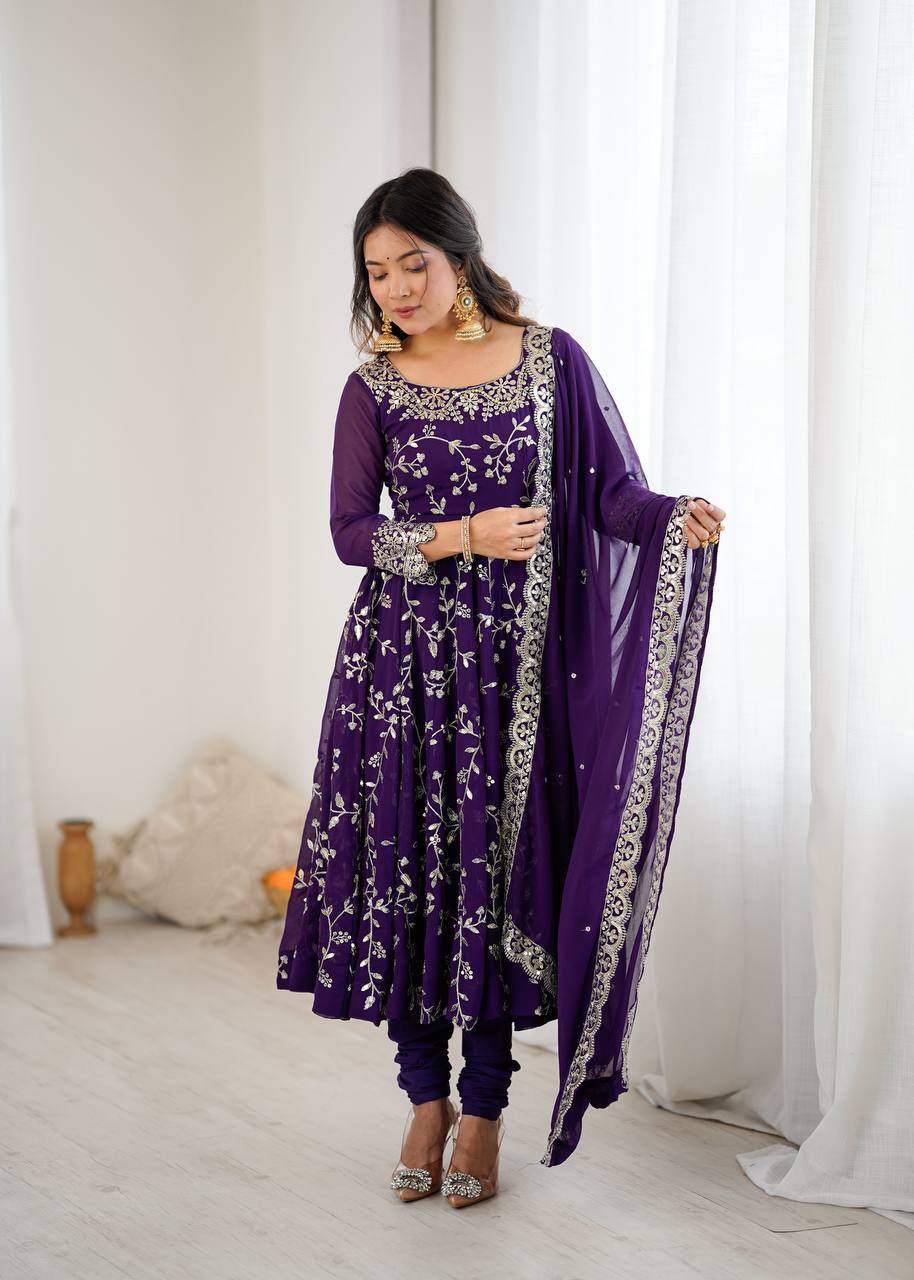 Heavy Faux Georgette Embroidered Anarkali Gown Set