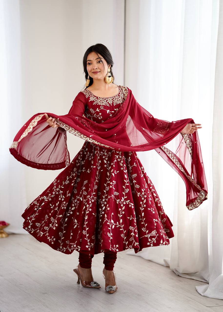 Heavy Faux Georgette Embroidered Anarkali Gown Set