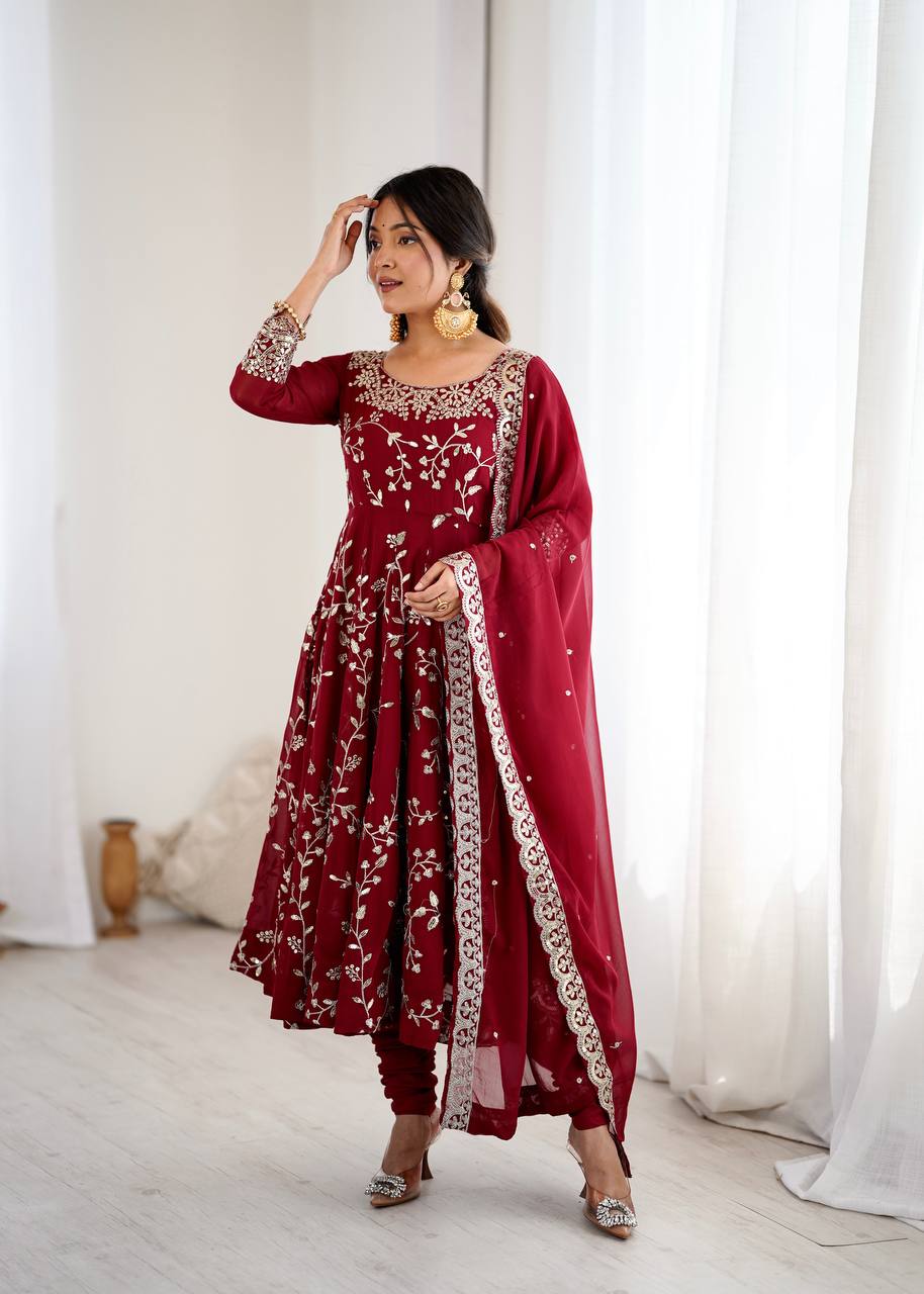 Heavy Faux Georgette Embroidered Anarkali Gown Set