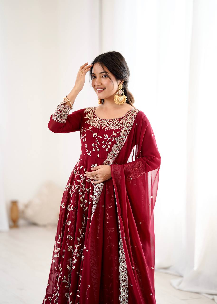Heavy Faux Georgette Embroidered Anarkali Gown Set