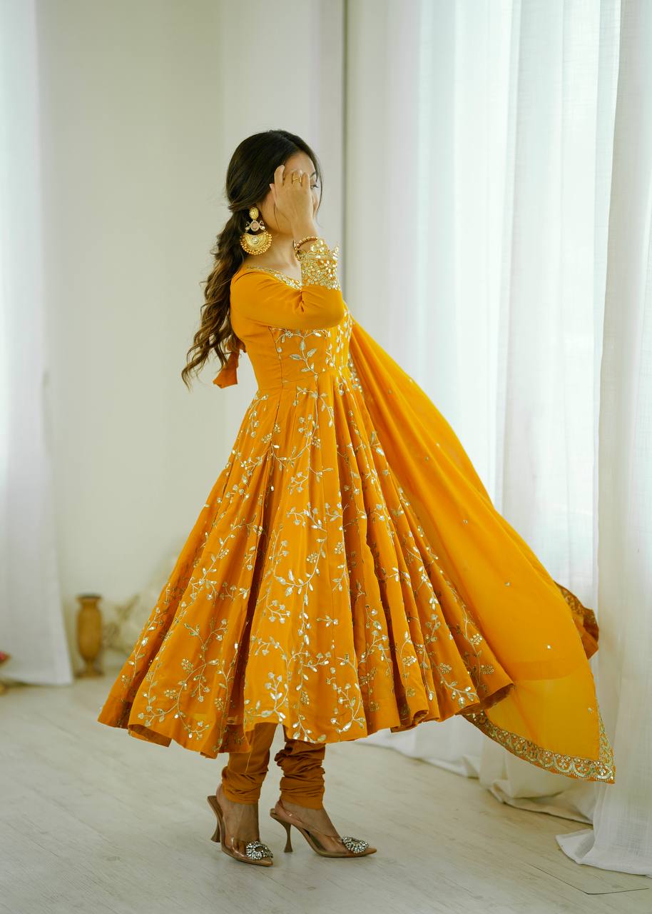 Heavy Faux Georgette Embroidered Anarkali Gown Set