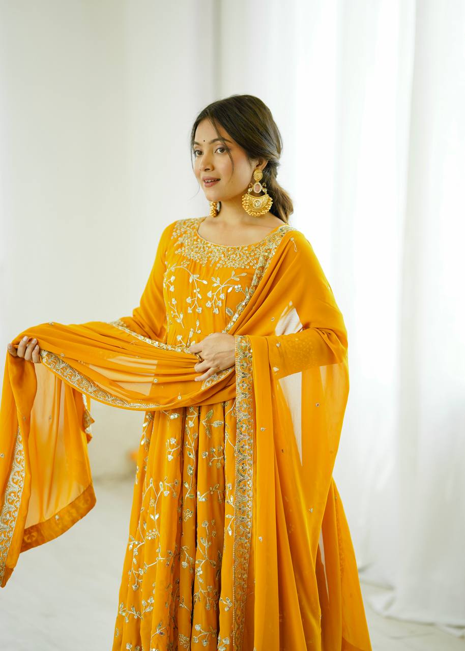 Heavy Faux Georgette Embroidered Anarkali Gown Set