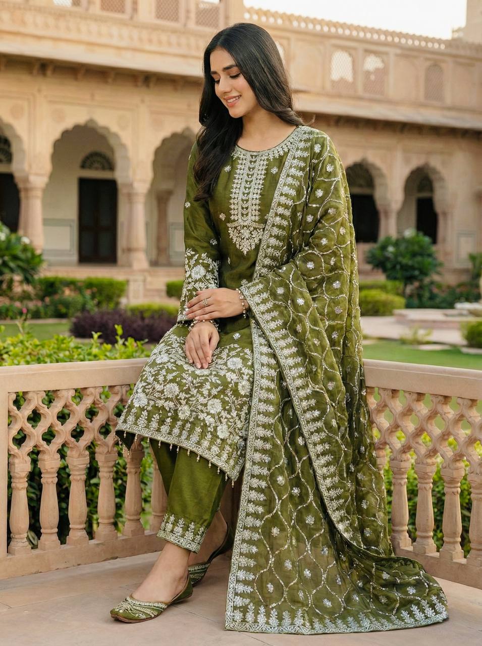 GMY Silk Heavy Embroidery Sequence Palazzo Suit Set with Dupatta