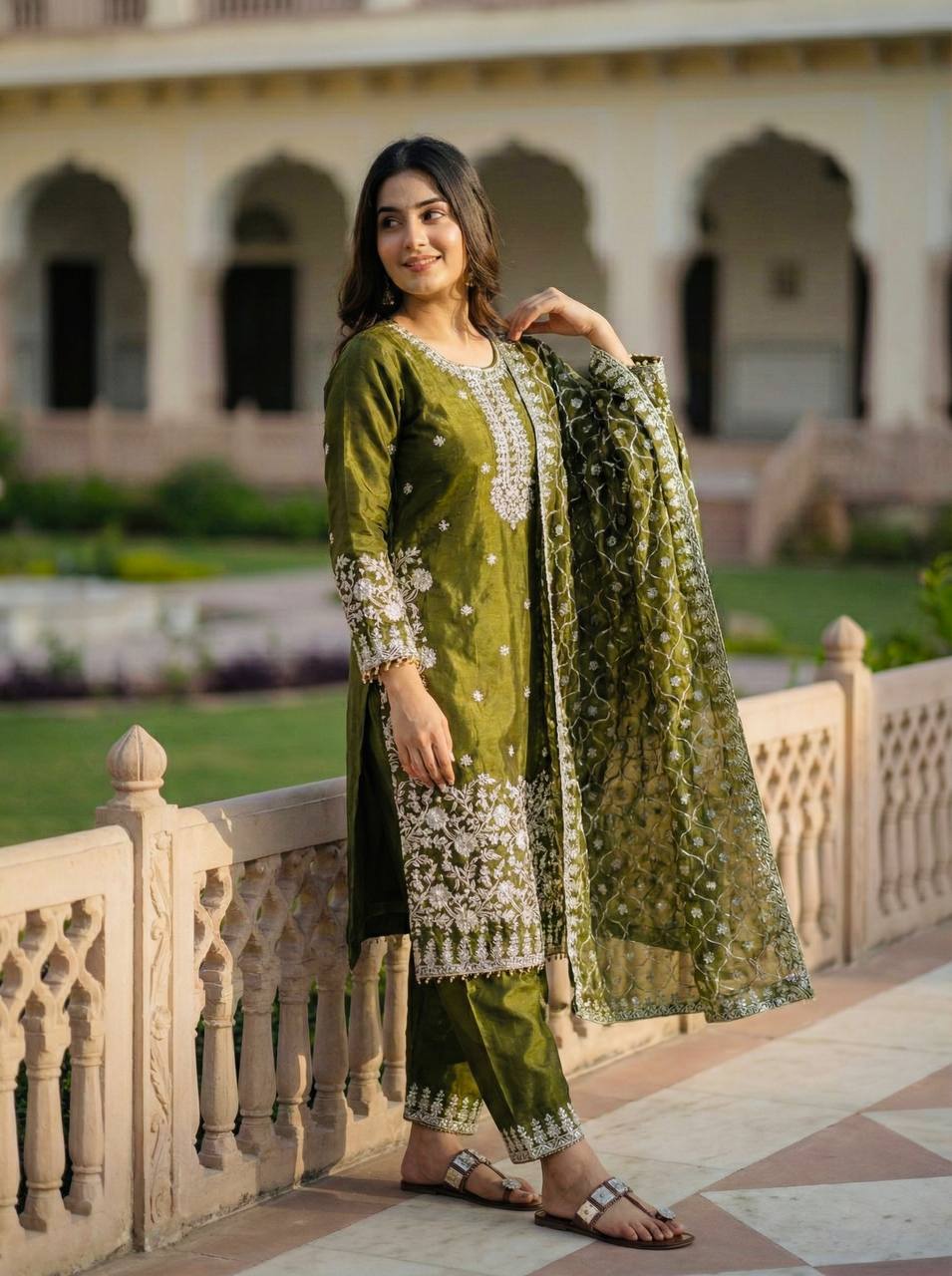 GMY Silk Heavy Embroidery Sequence Palazzo Suit Set with Dupatta