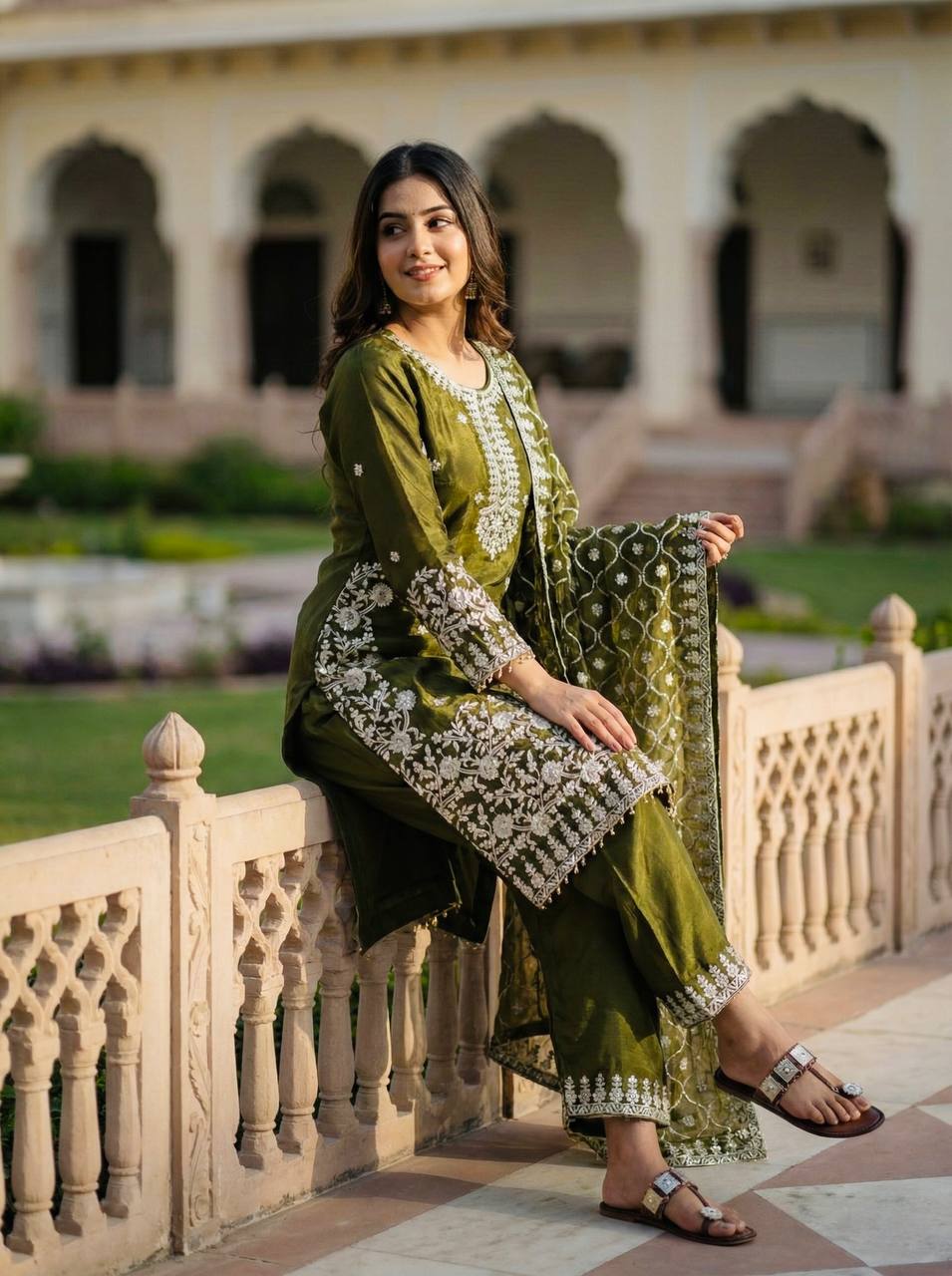 GMY Silk Heavy Embroidery Sequence Palazzo Suit Set with Dupatta