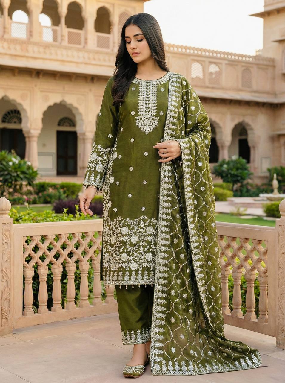 GMY Silk Heavy Embroidery Sequence Palazzo Suit Set with Dupatta