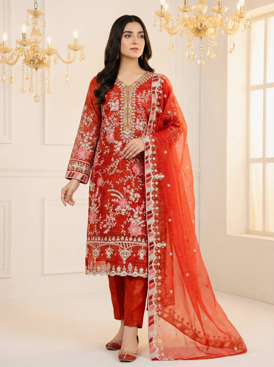 Crunchy Silk Heavy Embroidery Sequence Straight Suit Set with Dupatta