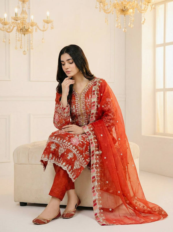 Crunchy Silk Heavy Embroidery Sequence Straight Suit Set with Dupatta