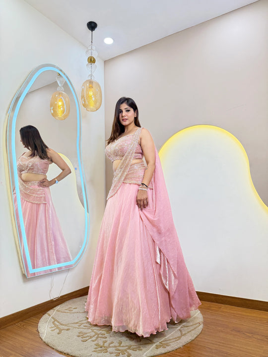 Premium Fandy Organza Handwork Lehenga Set With Draped Dupatta