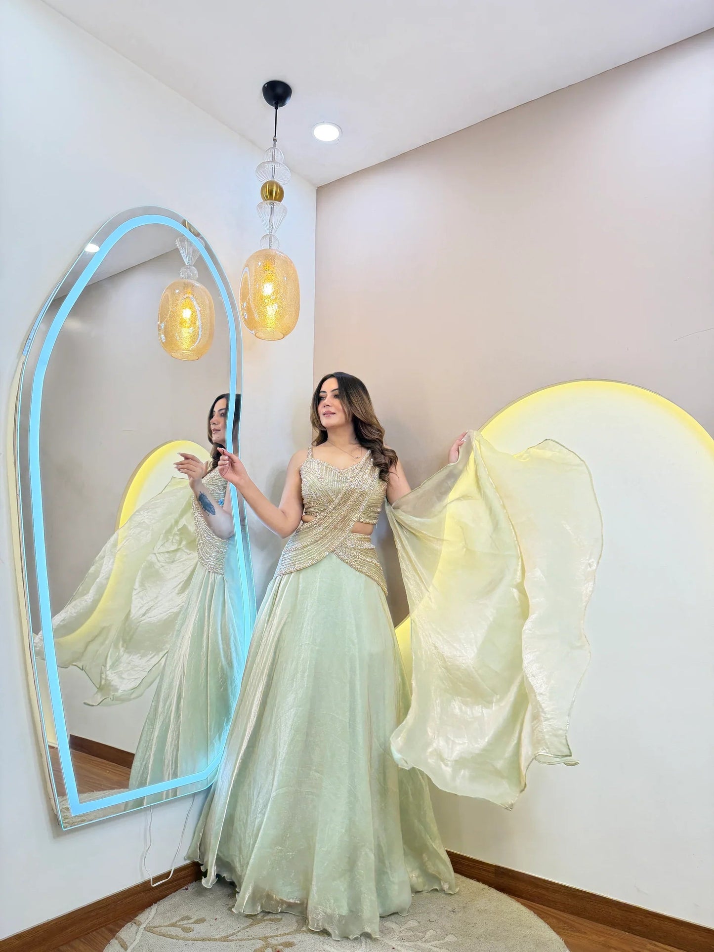 Fandy Organza Handwork Lehenga Set With Draped Dupatta