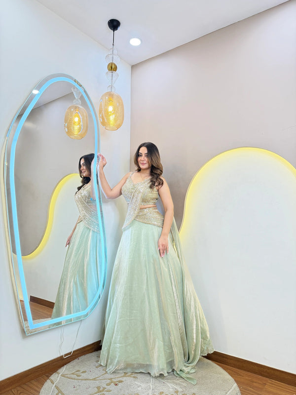 Fandy Organza Handwork Lehenga Set With Draped Dupatta