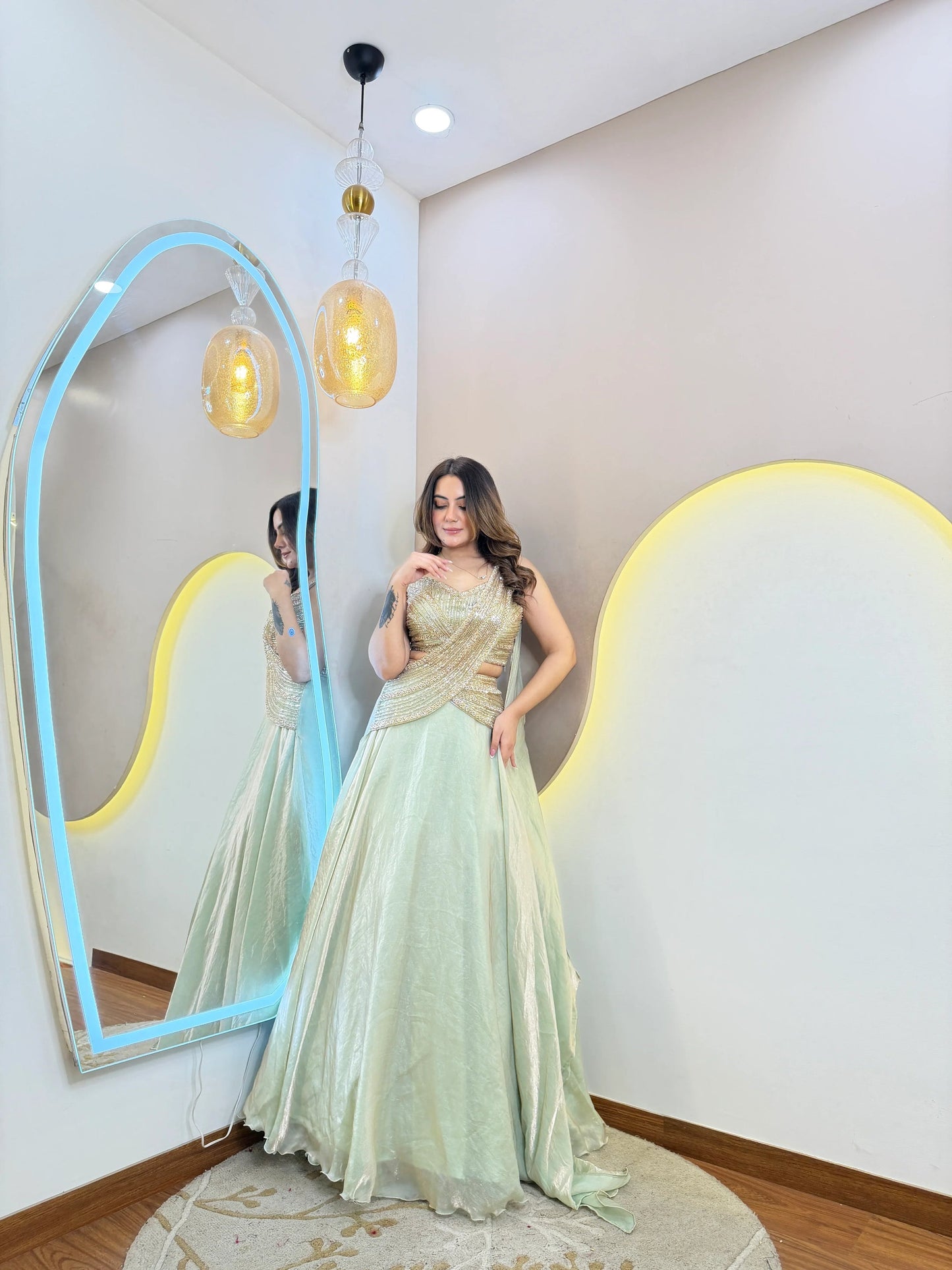 Fandy Organza Handwork Lehenga Set With Draped Dupatta