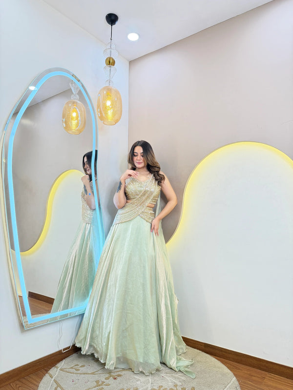 Fandy Organza Handwork Lehenga Set With Draped Dupatta