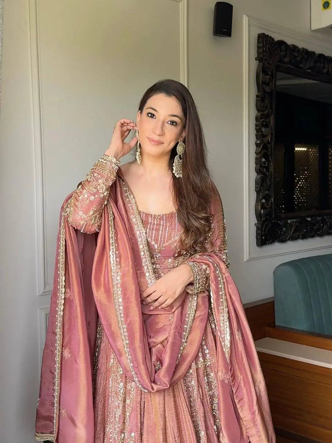 Crunchy Silk Gown With Lehenga Embroidery Party Wear