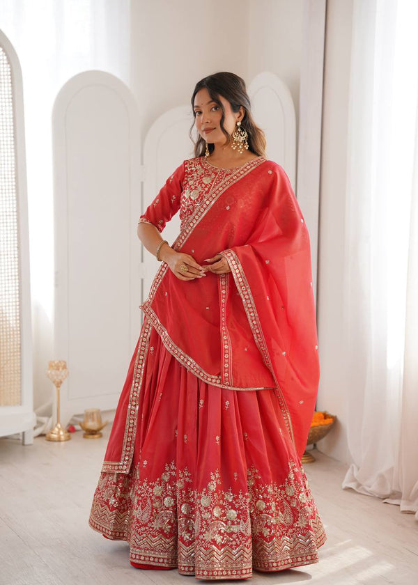 Designer Heavy Shimmer Silk Lehenga Set with Threadwork & Sequence Detailing