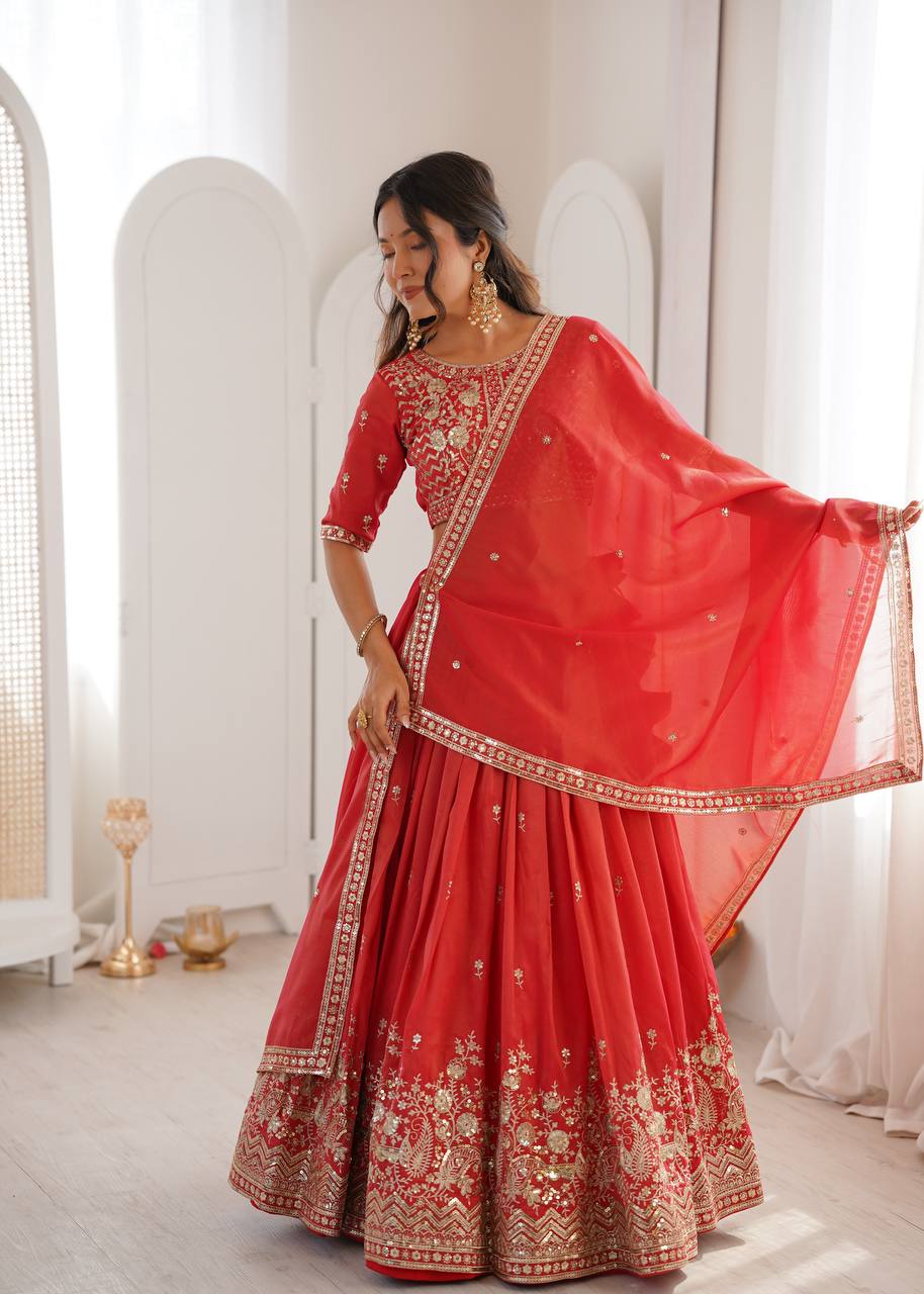 Designer Heavy Shimmer Silk Lehenga Set with Threadwork & Sequence Detailing