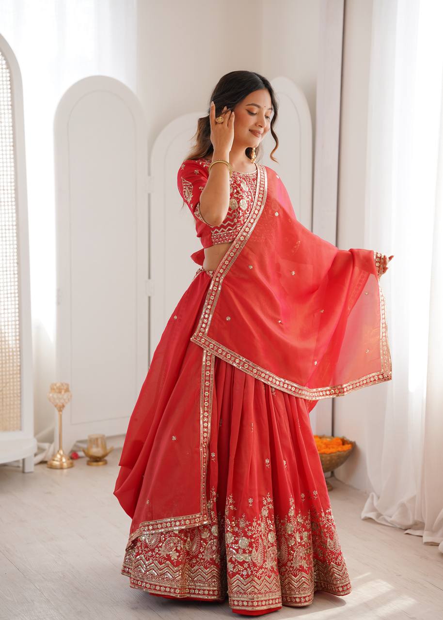 Designer Heavy Shimmer Silk Lehenga Set with Threadwork & Sequence Detailing