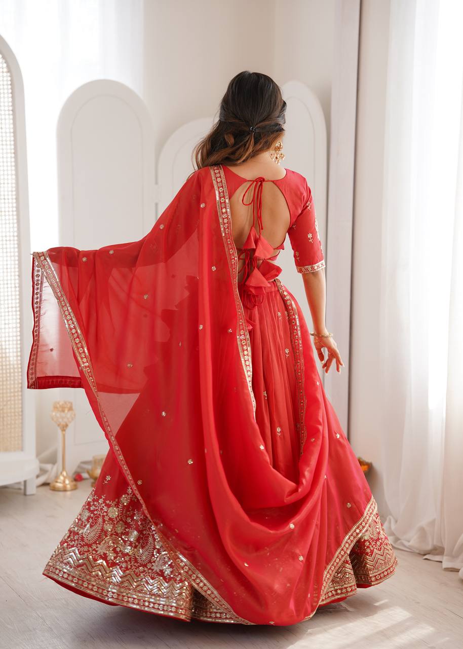 Designer Heavy Shimmer Silk Lehenga Set with Threadwork & Sequence Detailing