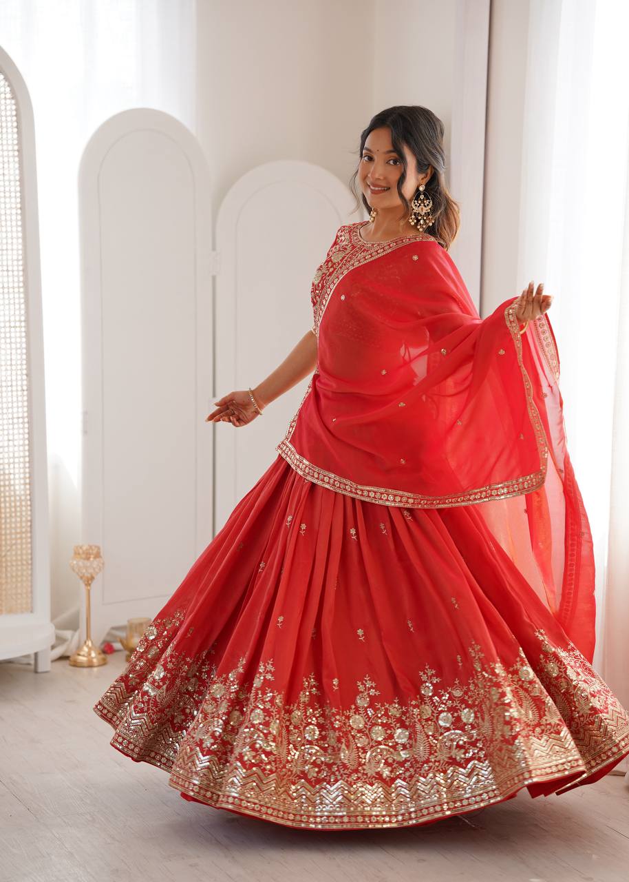 Designer Heavy Shimmer Silk Lehenga Set with Threadwork & Sequence Detailing