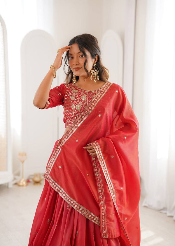 Designer Heavy Shimmer Silk Lehenga Set with Threadwork & Sequence Detailing