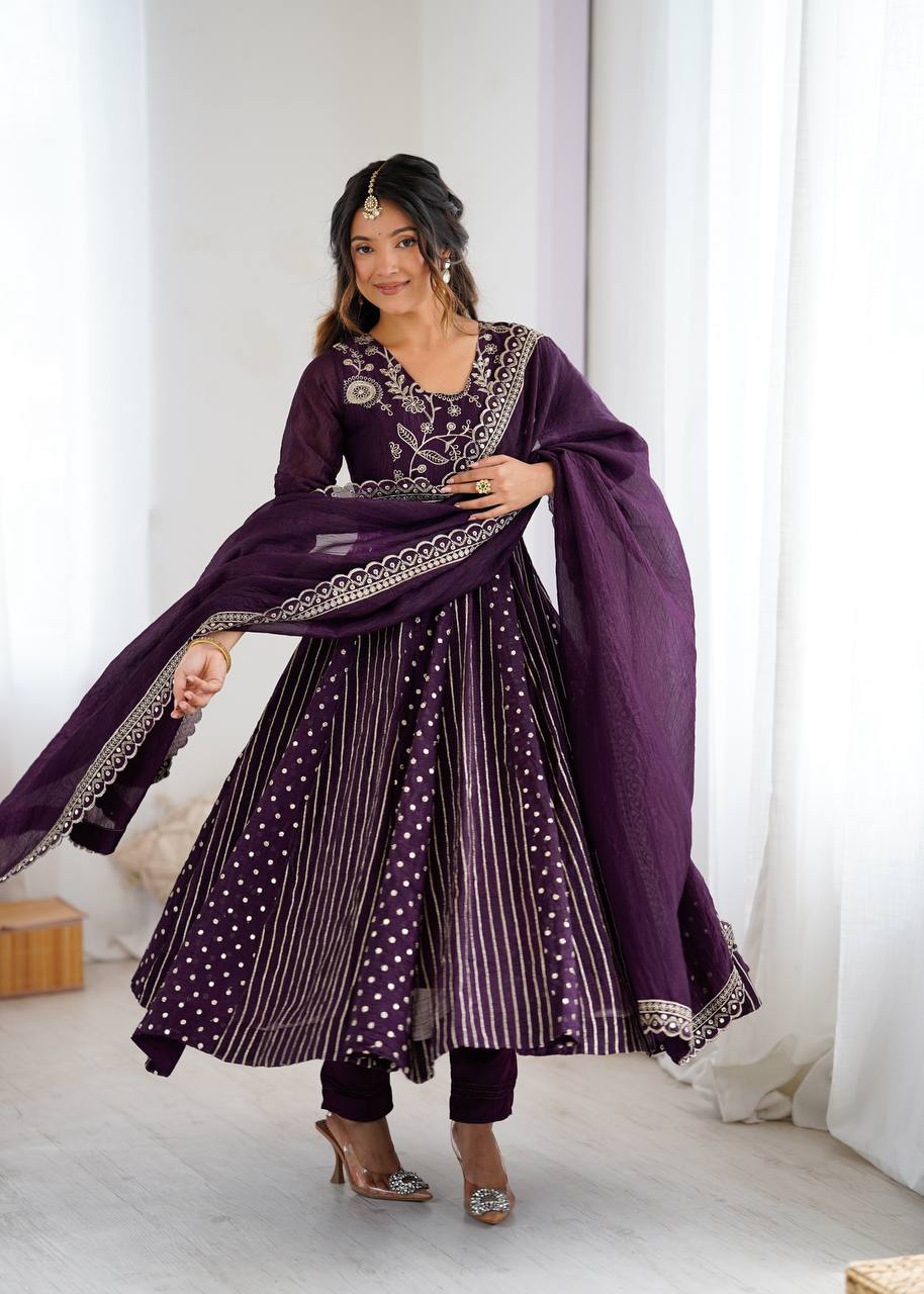 Designer Purple Anarkali Gown Set with Dupatta & Pant