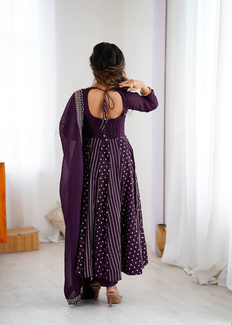 Designer Purple Anarkali Gown Set with Dupatta & Pant