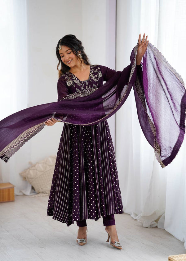 Designer Purple Anarkali Gown Set with Dupatta & Pant