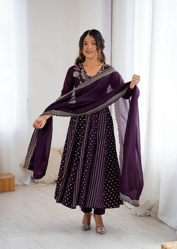 Designer Purple Anarkali Gown Set with Dupatta & Pant