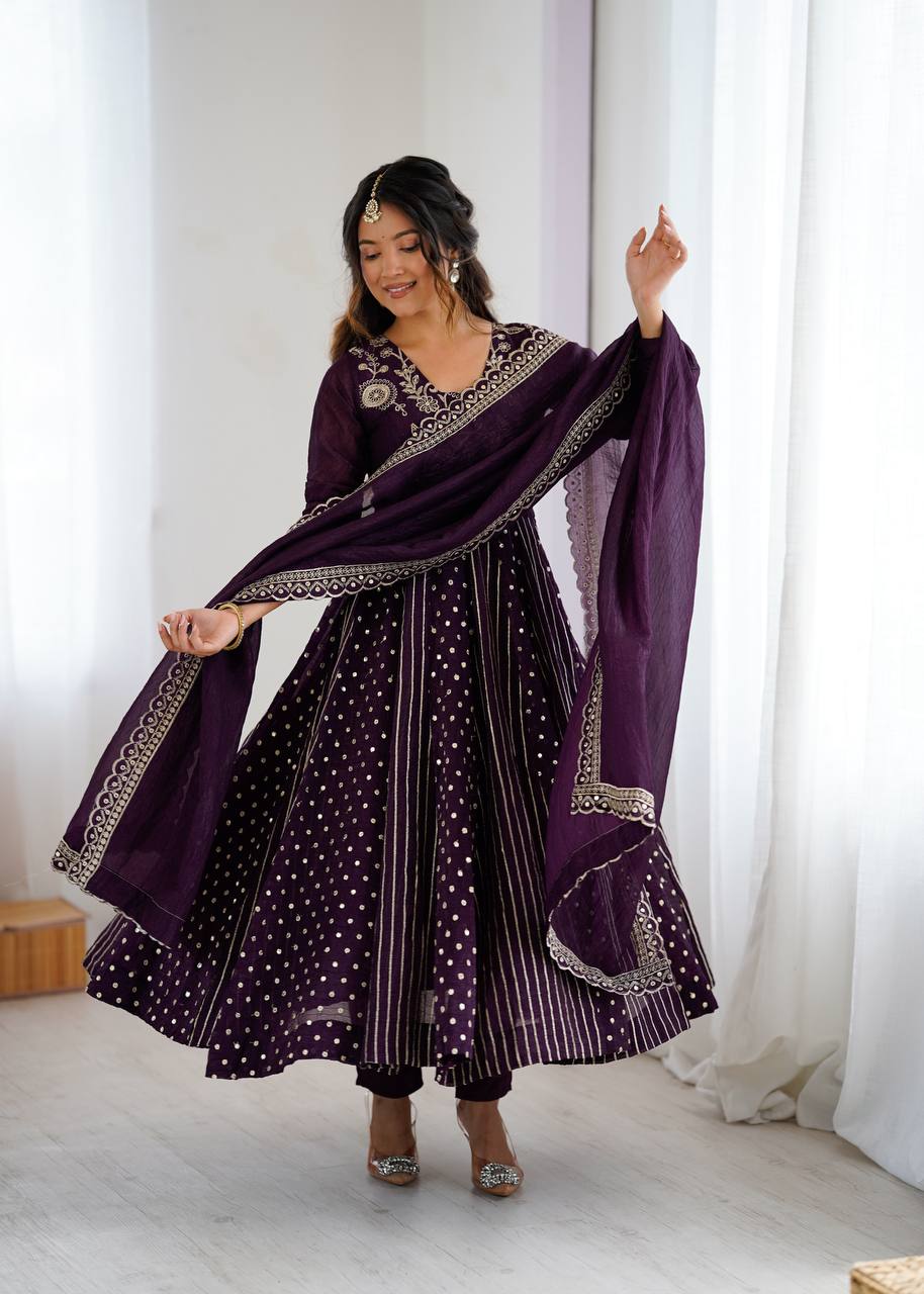 Designer Purple Anarkali Gown Set with Dupatta & Pant