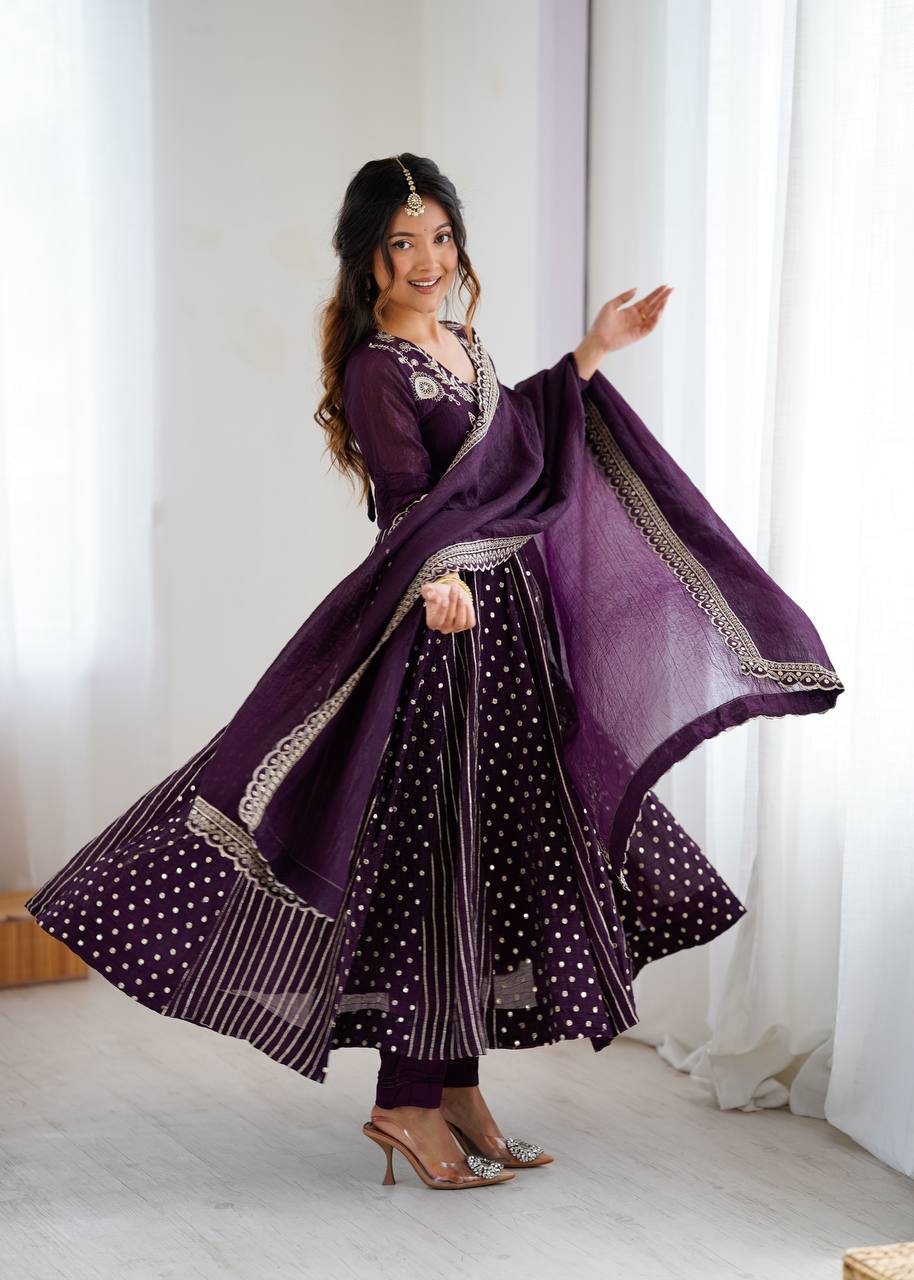 Designer Purple Anarkali Gown Set with Dupatta & Pant