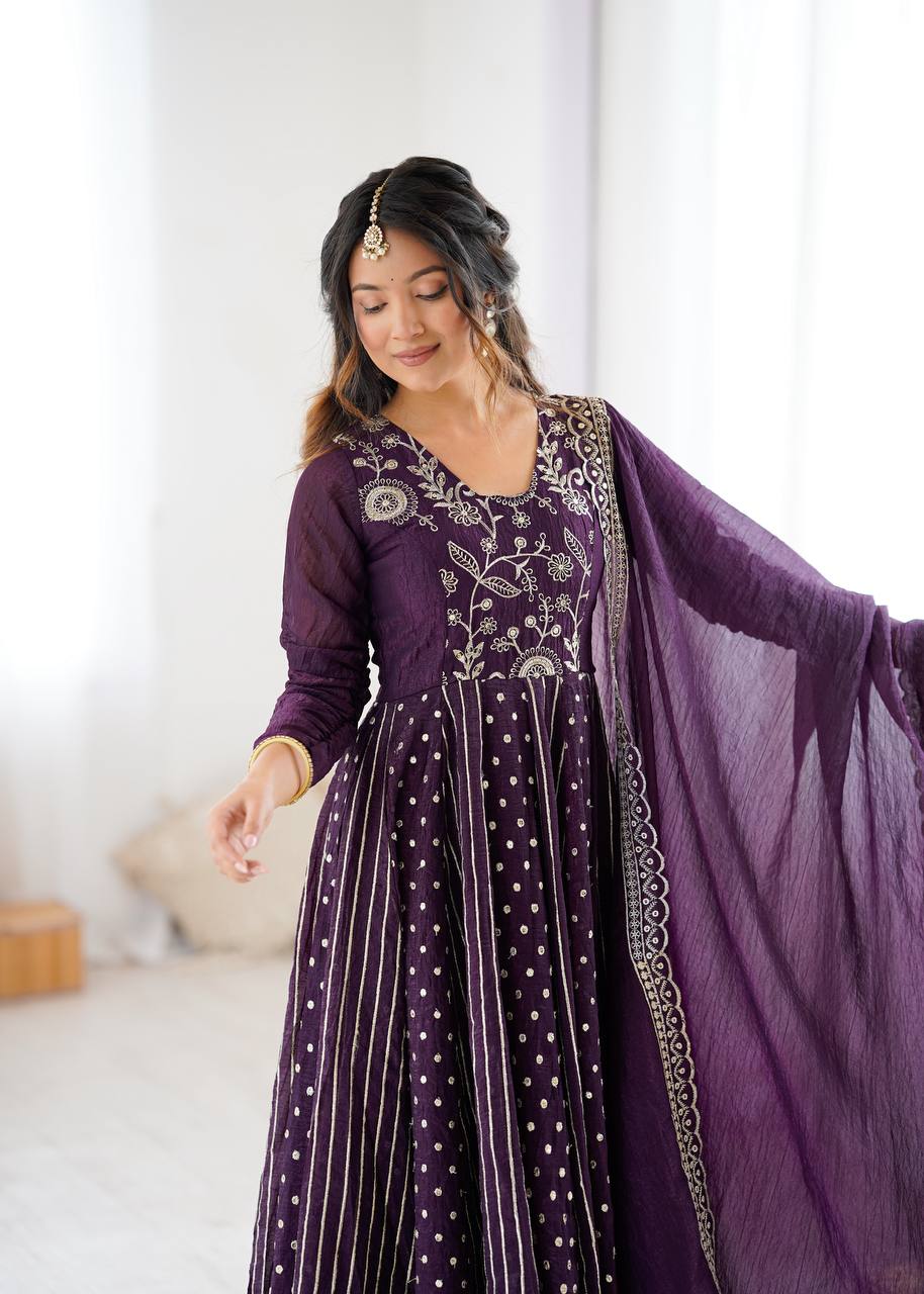 Designer Purple Anarkali Gown Set with Dupatta & Pant