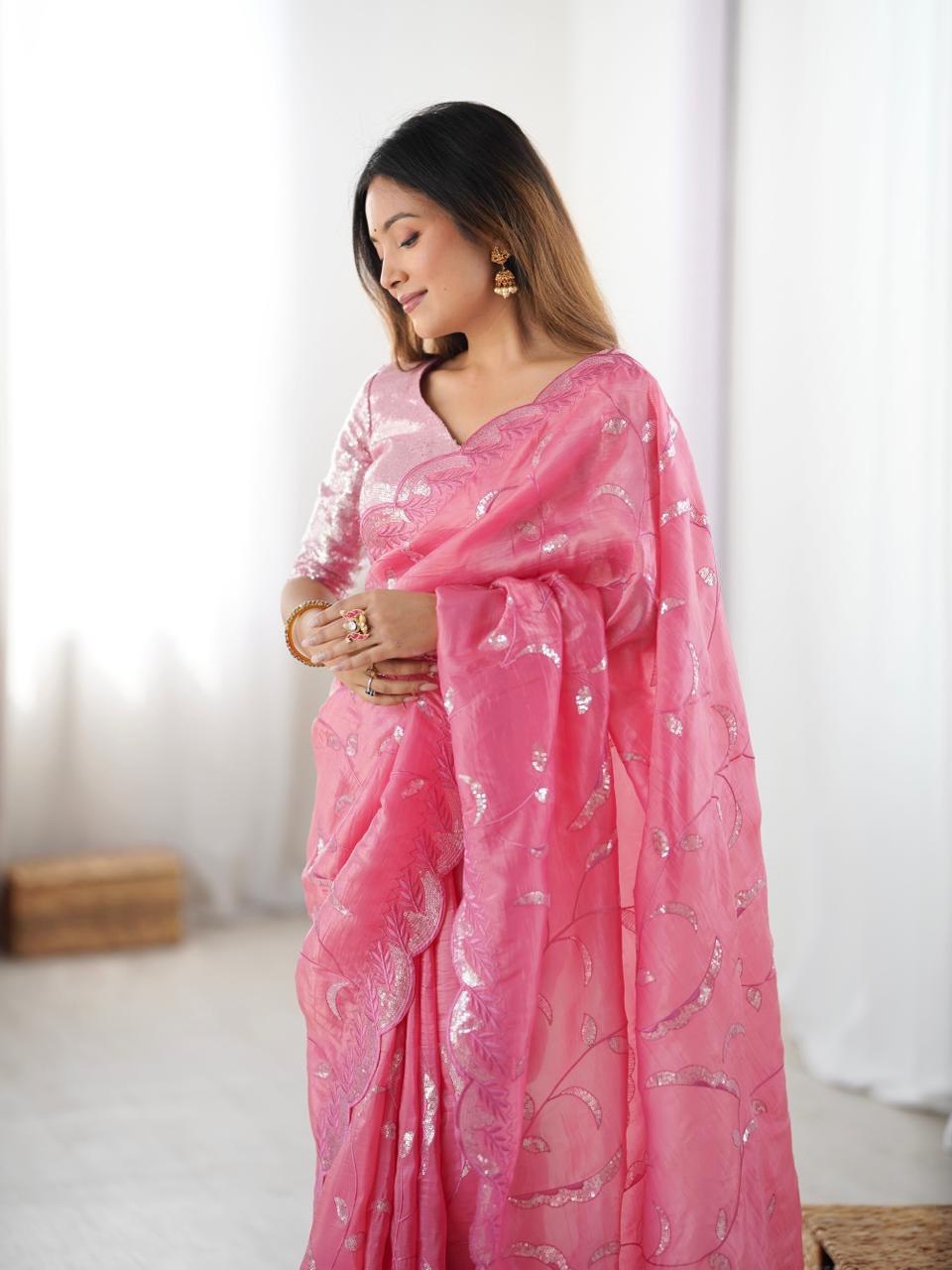 Designer Gold Crush Saree with Thread & Sequin Work and Ready-to-Wear Style