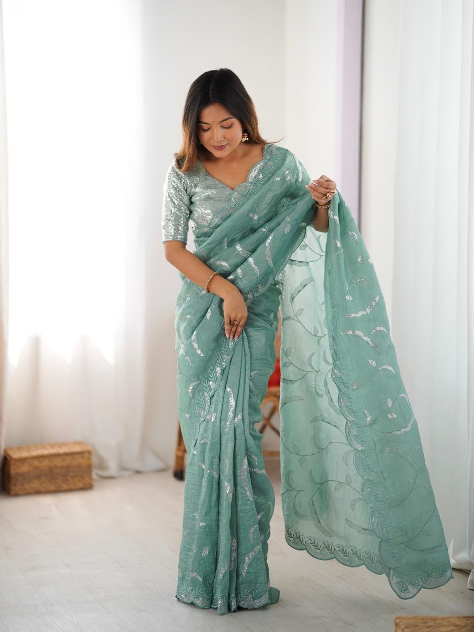 Designer Gold Crush Saree with Thread & Sequin Work and Ready-to-Wear Style