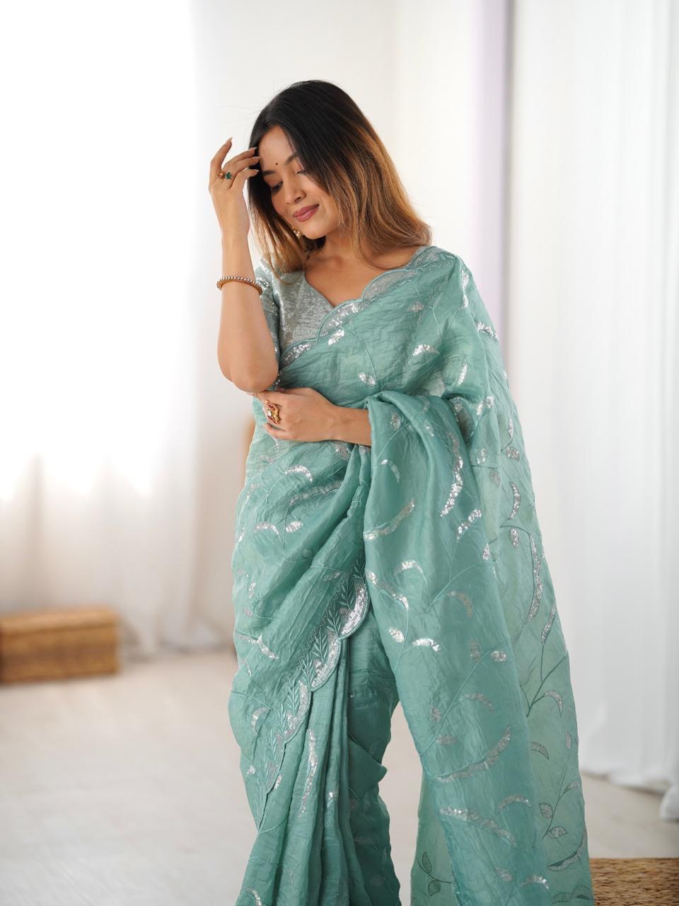 Designer Gold Crush Saree with Thread & Sequin Work and Ready-to-Wear Style