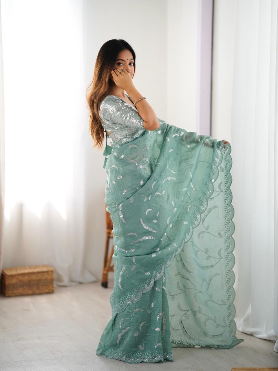 Designer Gold Crush Saree with Thread & Sequin Work and Ready-to-Wear Style