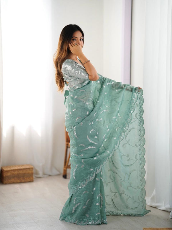 Designer Gold Crush Saree with Thread & Sequin Work and Ready-to-Wear Style