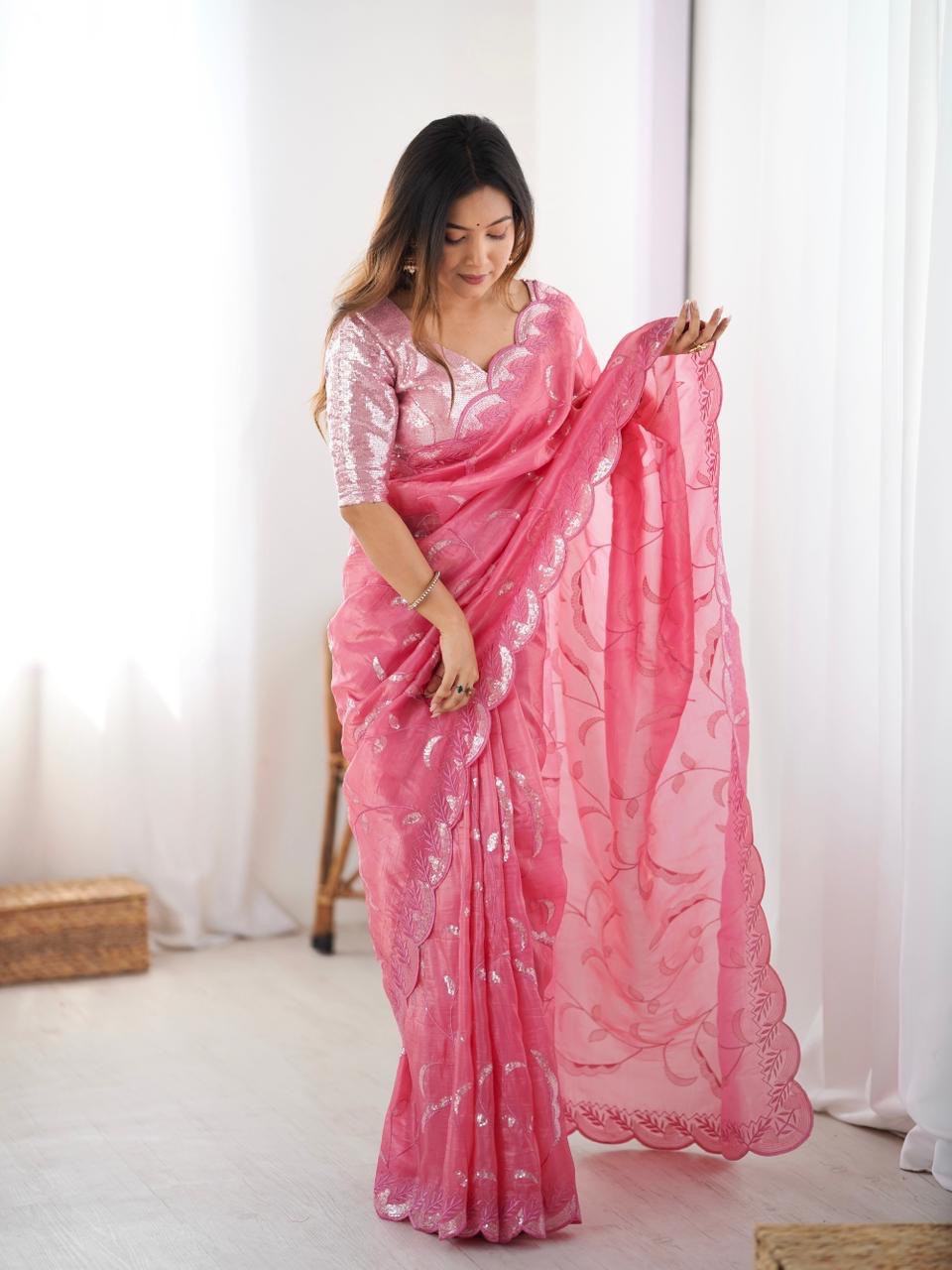 Designer Gold Crush Saree with Thread & Sequin Work and Ready-to-Wear Style