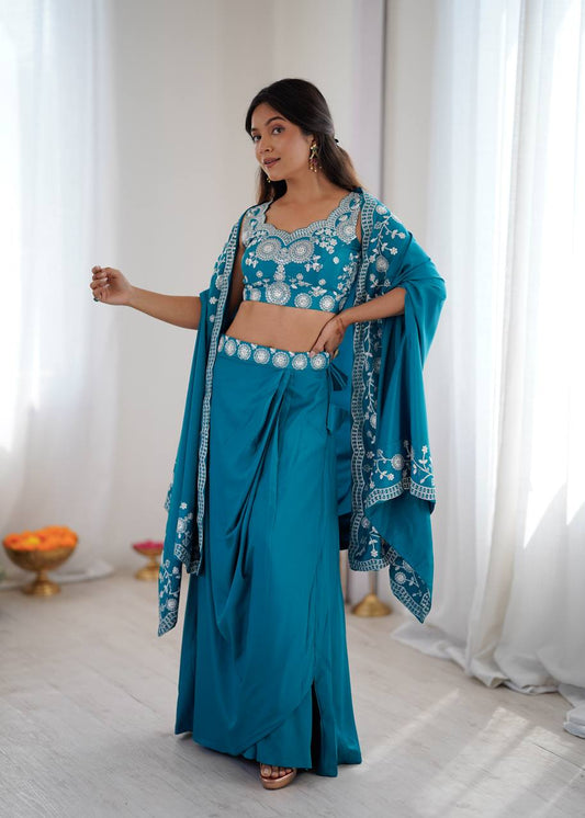 Designer Teal Western Dhoti Set with Embroidered Shrug