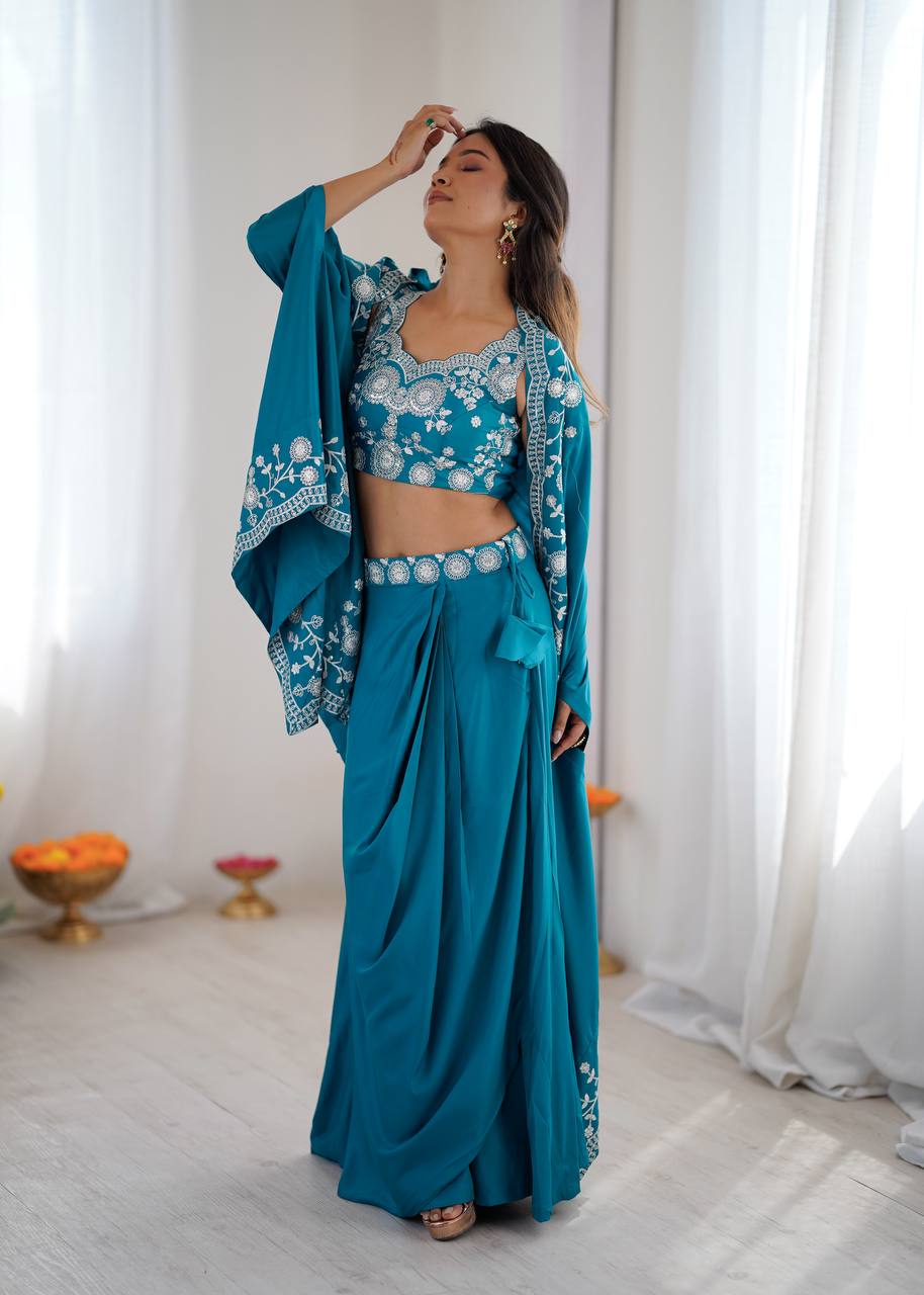 Designer Teal Western Dhoti Set with Embroidered Shrug