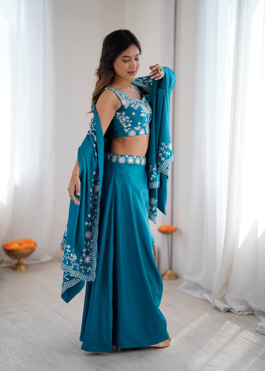 Designer Teal Western Dhoti Set with Embroidered Shrug