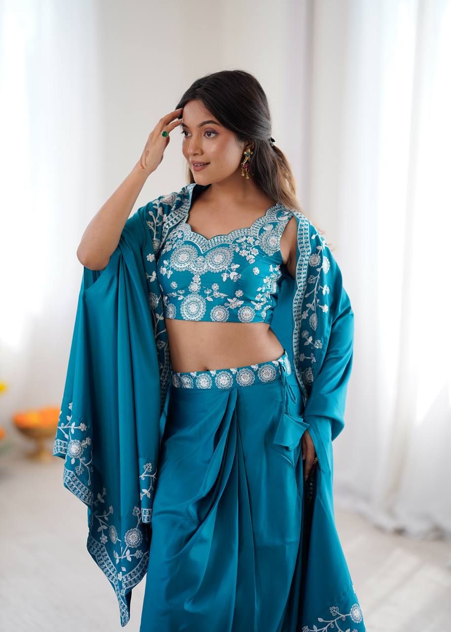 Designer Teal Western Dhoti Set with Embroidered Shrug