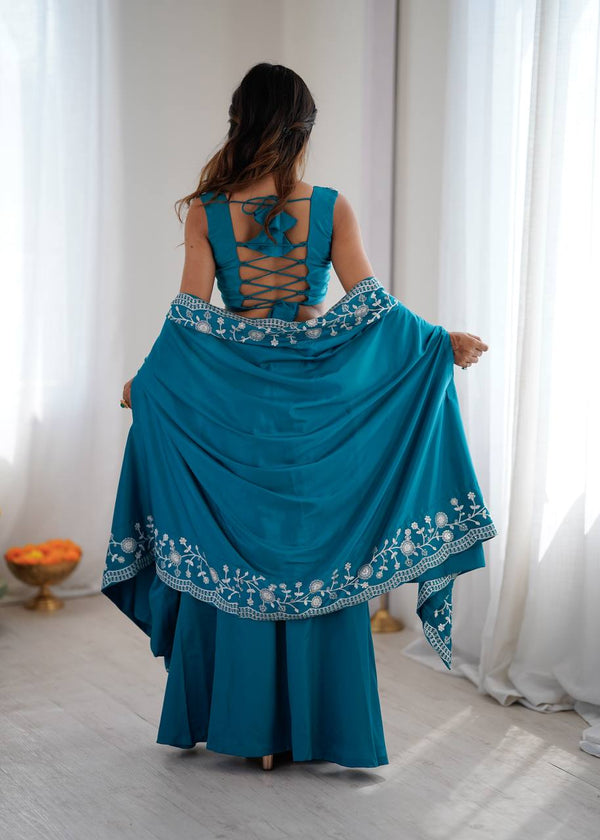 Designer Teal Western Dhoti Set with Embroidered Shrug