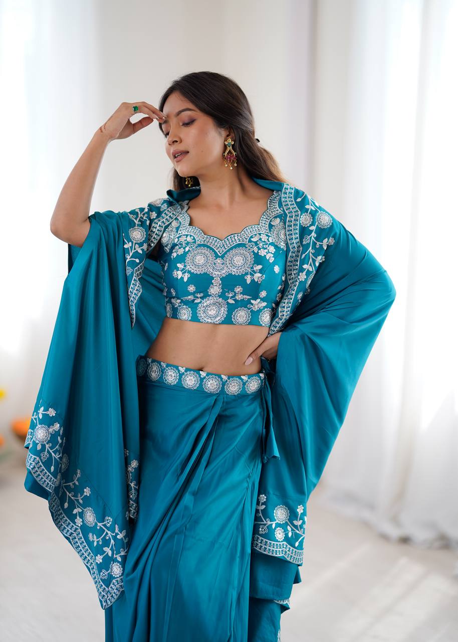 Designer Teal Western Dhoti Set with Embroidered Shrug