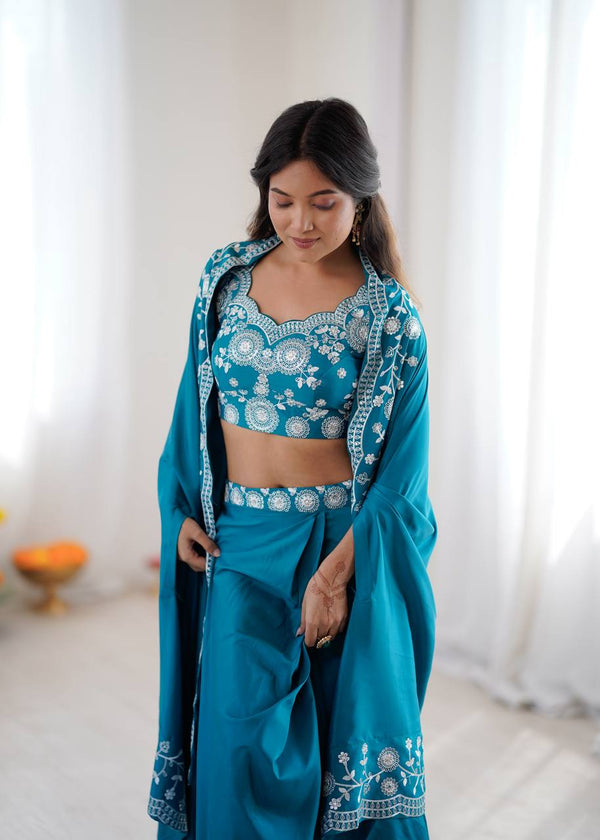 Designer Teal Western Dhoti Set with Embroidered Shrug