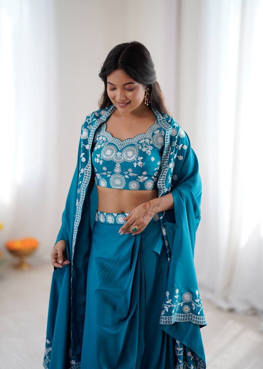 Designer Teal Western Dhoti Set with Embroidered Shrug