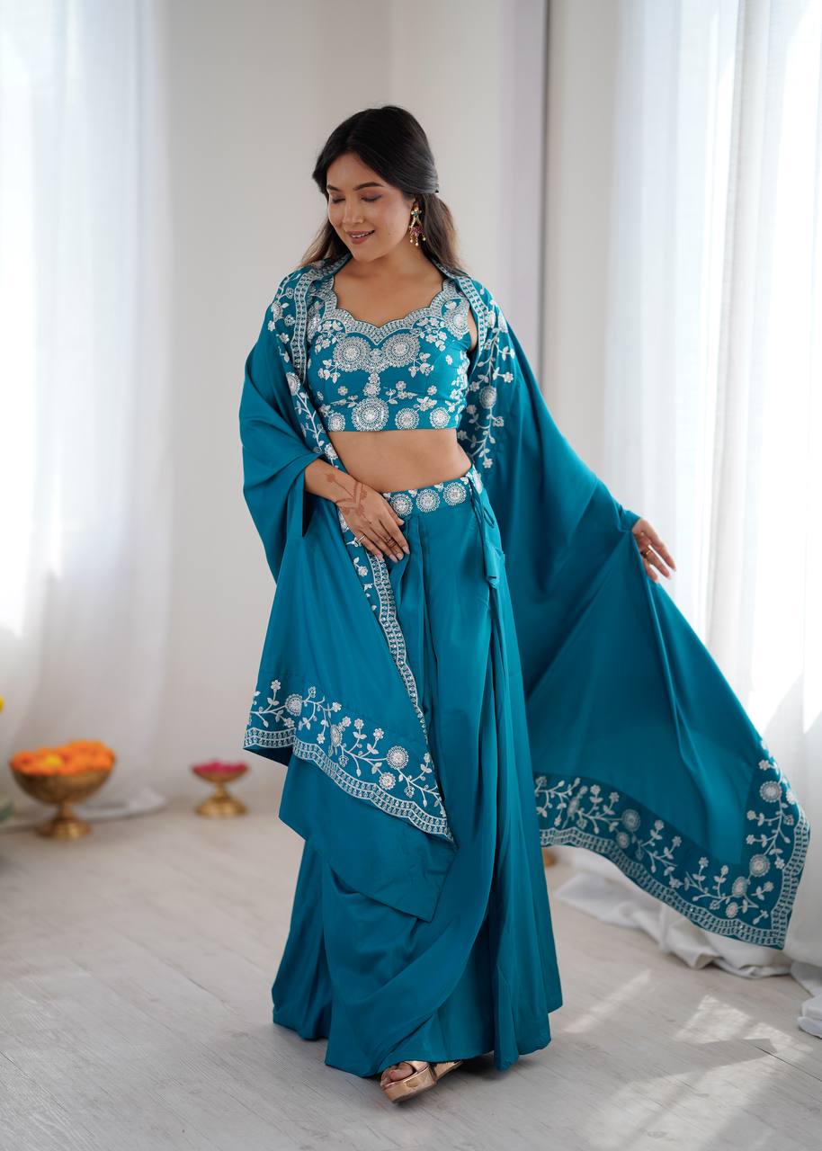 Designer Teal Western Dhoti Set with Embroidered Shrug